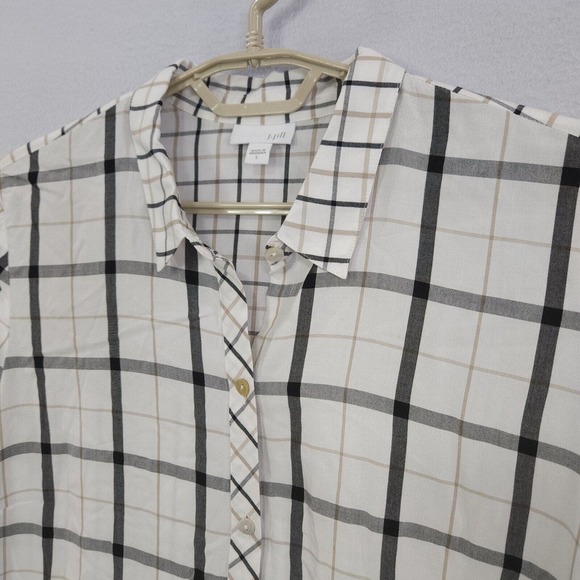 J Jill Top Tunic Women Ivory Large Long Sleeve Button Up Plaid Buttons Collared - Picture 7 of 15